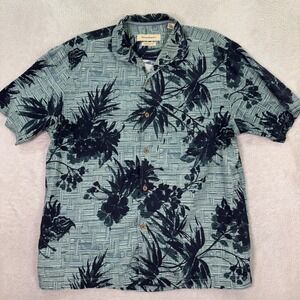 Tommy Bahama Silk‎ Hawaiian Shirt Mens Large Blue Floral Tropical Original Fit